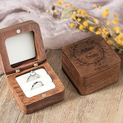 Personalisierte Ringbox Hochzeit mit Gravur, Quadratische Ringschachtel aus Holz mit Namen & Datum, Ringbox Hochzeit 2 Ringe, Doppelring Box Ringschatulle für Zeremonie, Geschenk für Ehefrau Ehemann