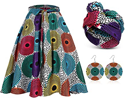 Coume 3 Pcs Women African Ankara Dashiki Skirt Traditional Costume Maxi Bohemian Head Wrap Scarf Drop Dangle Earring(L)