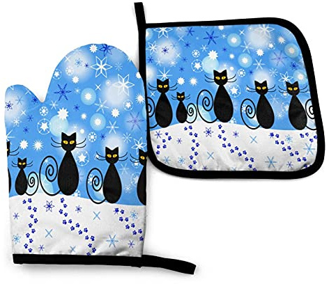 Mignons Chats Noirs de Noël Mitaines de Four et maniques Ensemble de Cuisine résistant à la Chaleur Noël Hiver Flocons de Neige Gants de Cuisine décoratifs Gants de Four à Micro-Ondes pour la cuisso