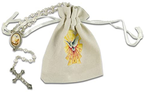 MaMeMi ROSENKRANZ zur KOMMUNION mit VERSCHLUSS, weiße Perlen, Länge 40 cm, im STOFFBEUTEL mit Motiv TAUBE, GESCHENK zur ERSTKOMMUNION, gefertigt in ITALIEN