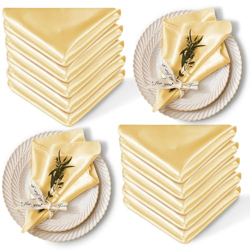 Cobedzy 12 Pack Satin Table Cloth Napkins, 17x17 Inch Gold Silky Wedding Napkins Cloth Washable, Luxury Dining Table Cloth Napkins Set for Birthday Holiday Party Dinner Restaurant