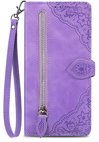 DENSUL Hülle für Xiaomi 13/13 Pro, Reißverschluss Geldbörse Schutzhülle Stoßfest Leder Tasche Armband Klappbar Kartenhalter Ständer Geprägter Magnetverschluss,Lila,13 Pro