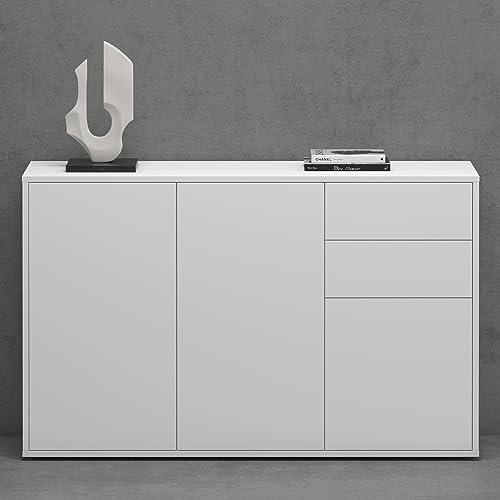 Mai & Mai Sideboard 120cm Kommode 3 Türen 2 Schubladen viel Stauraum | Kommode mit Schubladen & verstellbaren Böden, matt Weiß, grifflos, Schrank für Wohnbereich, BxTxH: 120x36x74 cm, Schrank05