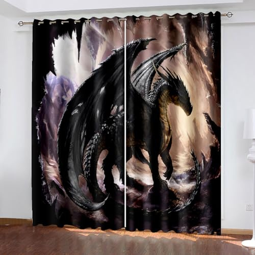 WIKINGER Gardinen ösenschal 2er Set B 220 X H 215 cm 3D Drache Vorhang Blickdicht Kälteschutz Schallschutz Verdunkelung Wärmeisolierende Vorhänge für Wohnzimmer Schlafzimmer