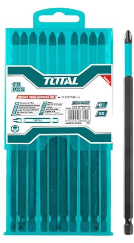 Lot de 10 forets pour visseuse à chocs 150 mm, PH2, acier industriel S2, avec manchon haute visibilité, zone d'impact optimisée, surface noire avec aimant (TACIM16PH263)