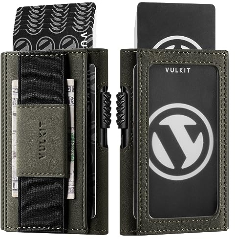 VULKIT Leder Slim Wallet mit Ausweisfenster und Geldklammer, Inneres Automatisches Pop-Up Kreditkartenetui aus Aluminium, RFID/NFC Blocker Portemonnaie, Grün