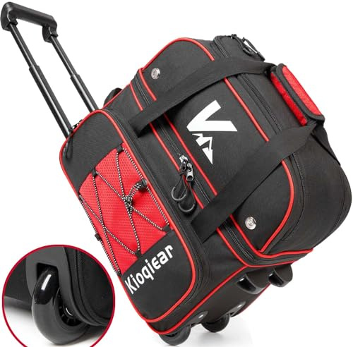 Kioqiear Double Roller 2 Ball Bowling Bag with Large Separate Shoe Compartment and Oversized Accessory Pocket, 36 Extendable Handle. (RED)