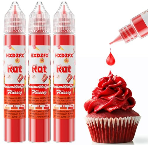 Lebensmittelfarbe - Lebensmittelfarbe Flüssig, Hochkonzentrierte Food Coloring, Flüssige Lebensmittel Farben für Backen, Tortendeko, Kekse, Macaron, Ostereier, Teig - 3 × 30ml (Rot)