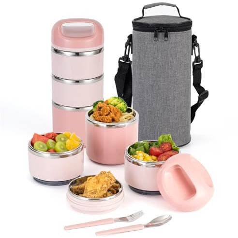 Lille Home de 3 capas Lunch Box de acero inoxidable 1.43L- Caja de bento aislada sin fugas para fugas para preparación de comidas sobre la marcha, contenedor de alimentos apilable (Rosa)