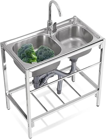 Évier de cuisine autoportant avec lavabo extérieur en acier inoxydable, double cuve, évier utilitaire de restaurant commercial avec étagère de rangement (taille: 80x43x75 cm)