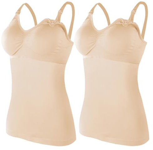 ZESLIV 2 Pezzi Top da Donna per Allattamento, Canottiera Sottoveste con Reggiseno Integrato, Reggiseno Senza Ferretti per Gravidanza, Top da Gravidanza Senza Ferretti, color carne, XL