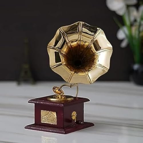 Generic Orca International Co.Handmade Wooden Brass Vintage Style Gramophone Showpiece Antique Gift for Home Decor Showpiece for Living & Office Room