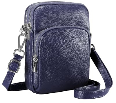 befen Echtleder Kleine Handy Tasche Damen Umhänge, Drei Reißverschlusstaschen Handytasche zum Unhängen Leder Navy Blau Damen mit RFID-Blockierung Kartenfächern Kleine Handy Umhängetasche Damen