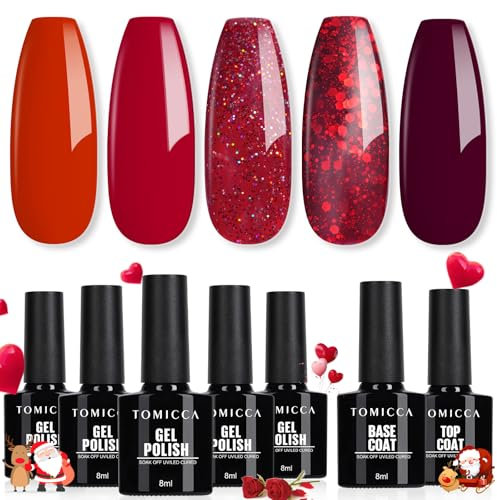 TOMICCA UV Nagellack Set, 5 Farben Gel Mit Base & No Wipe Top Coat, Glitzer Rot Serie Soak-Off UV/LED, Nailart Starter Kit Geschenk, 7 x 8ml