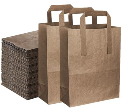 Brown Paper Bags with Handles - 25 Pcs Small Kraft Multipurpose Paper Carrier Party Bags | Gift Bag for Shopping 21 * 18 * 8.5 cm