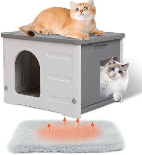 Rockever Plastic Cat House Outdoor with Escape Door, Waterproof Feral Cat House Outdoor Indoor, Sturdy Cat House for Outdoor Cats with Cat Bed Mat, Assemble Easily-Grey
