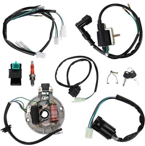Bobine d'Allumage CDI Faisceau de Câbles de Bougie d'Allumage Magnéto Stator Kit, Électrique Faisceau de Câblage Solénoïde Relais pour 50cc - 140cc Kick Start Dirt Pit Bike ATV