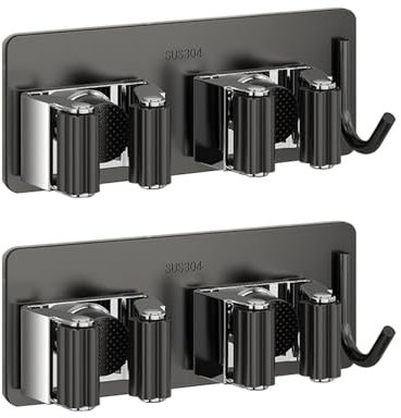 HTRTRR Porta Scope da Parete in Acciaio Inox, 2 Pezzi Supporto Autoadesivo 3 in 1, Portautensili da Cucina, Bagno, Garage e Giardino, Ganci Salvaspazio