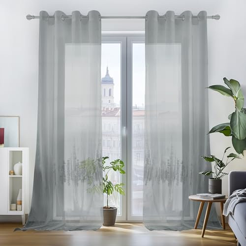 Deconovo Vorhang Luftig Gardinen mit Ösen Transparent Gardine Vorhänge Wohnzimmer Ösenvorhang, 245x140 cm, Grau, 2er Set