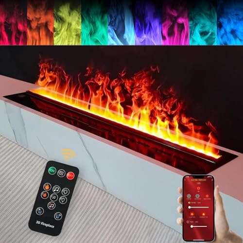 Wasserdampfkamin, 3D-Zerstäubungs-Elektrokamin, realistische Zerstäubungsflamme mit 64 Farben, Smart-App/Fernbedienung/Touch-Steuerung, Dampfkamin-Luftbefeuchter aus Edelstahl mit 3mm Panel(150cm/59in