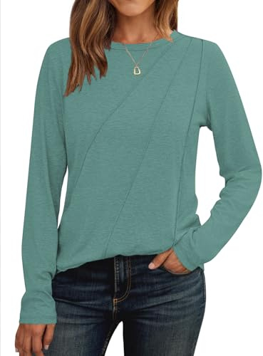 Cuptacc Camiseta Manga Larga Mujer Jersey Mujer Cuello Redondo 2025 Moda Blusa Monocolor Tops Plisados Camisa Elegante Azul-Verde XL