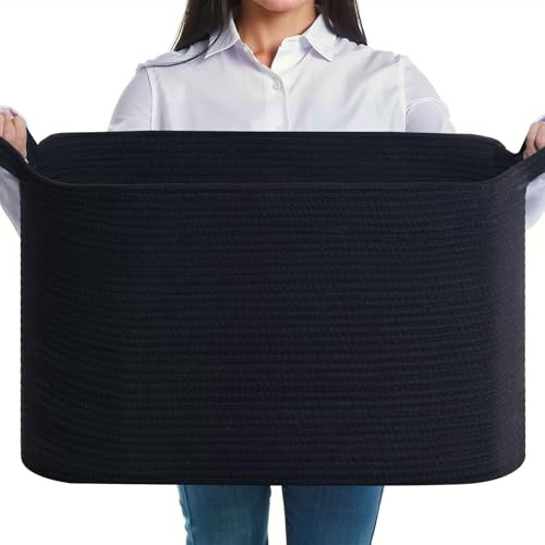 JOJOSEE Faltbarer Wäschekorb, 63L Aufbewahrungskorb Schwarz | Geflochten Aufbewahrungskorb mit Henkel, Laundry Baskets aus Baumwolle, Ideal für Decken, Kleidung, Kuscheltier, Spielzeug