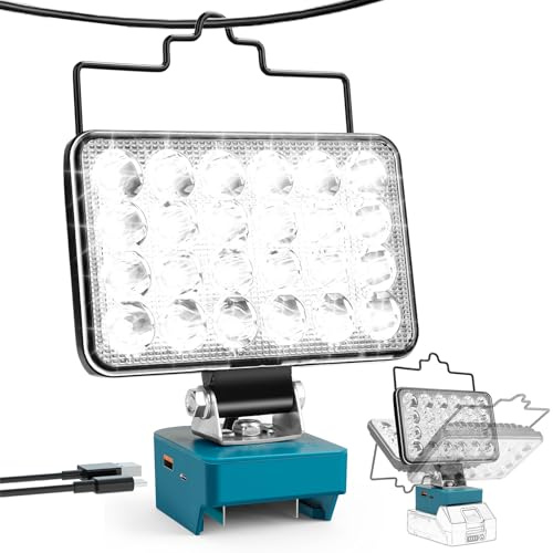 Lampe LED Sans Fil pour Makita 18/21 V 60 W 2 Niveaux Luminosité Lampe de Travail LED Batterie 6000 LM Projecteur Portable Projecteur de Chantier Lampe avec Type C et Charge USB (pas de Batterie)
