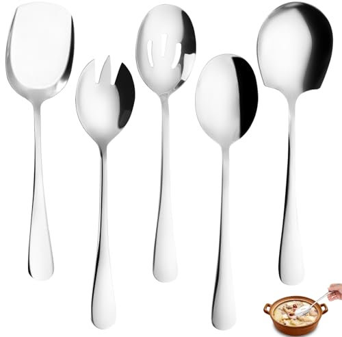 Qichan 5 Pcs Serving Spoons, Serving Spoons Large, Stainless Steel Table Spoon with Long Handle, Tablespoons, Spoon Cutlery for Kitchen, Restaurant, Buffet, Banquet