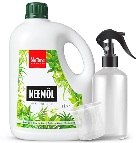 Natura Germania® Neemöl 500ml | Mit Waschnussextrakt | Ergibt 50L sprühfertige Lösung | Inkl. Sprühflasche & Messbecher | Natürliche Pflanzenpflege für Zimmer- & Gartenpflanzen