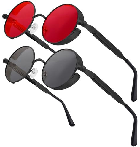2 Stück Steampunk Brille Retro Sonnenbrille Herren Rund Retro Sonnenbrille Rund Vintage Sonnenbrillen Herren Polarisiert UV400 Schutz Sunglasses Men Sonnenbrillen Damen Runde Rot Und Grau Gläser