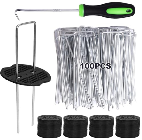 Storystore Weed Control Membrane Pegs 100pcs, Buffer Washer 100pcs, 15cm U-shaped Weed Mat Pegs with Nail Hook, Heavy Duty Ground Pegs Fabric Garden Pegs Staples Artificial Grass Pins for Membrane