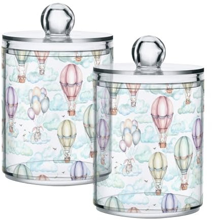 Sevdomey Whimsical - Set di 2 contenitori per palloncini ad aria calda con coperchio, in plastica trasparente, contenitori da bagno, per batuffoli di cotone, tamponi di cotone, tamponi di cotone, filo