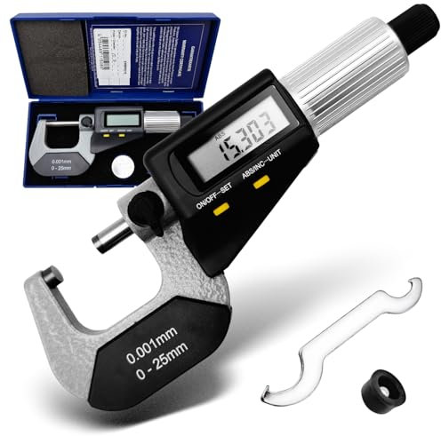 MIB Digitale Bügelmessschraube DIN 863, ABS | Präzise Messungen 0-25mm | Mikrometer Digital | Elektronische Mess- & Planwerkzeuge | Durchmesser Messgerät | HM-Messflächen | inkl. 1,5 V Batterie LR44