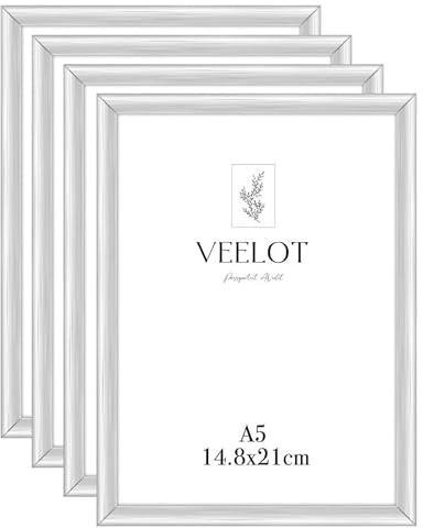Veelot® 4x Bilderrahmen DIN A5 14,8x21cm | Metall Aluminium,Silber mat,Zertifikatsrahmen 15x21cm mit bruchsicherem Acrylglas | Zur Wandmontage oder Tischmontage
