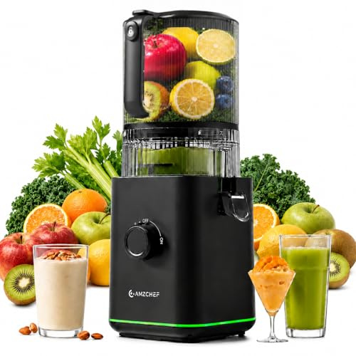 AMZCHEF Extractor de Zumo Slow Juicer – Licuadora para Verduras y Frutas 155MM, 2,5 Litros, Prensado en Frío, Exprimidor Eléctrico Silencioso con 2 Filtros para Zumo y Batidos, Fácil de Limpiar, Negro