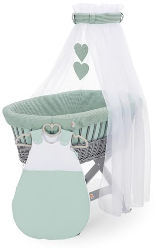 FabiMax Stubenwagen Grau Komplettset mit Matratze, Musselin-Schlafsack oder Bettwäsche, Himmel & Weidenkorb (Schlafsack, Grün)