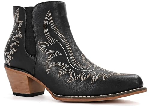 WOKOOT Ankle Cowboy Boots for Women Short Western Cowgirl Booties Embroidered Chunky Heel Fashion Snip Toe Casual Boot, Black Size 10