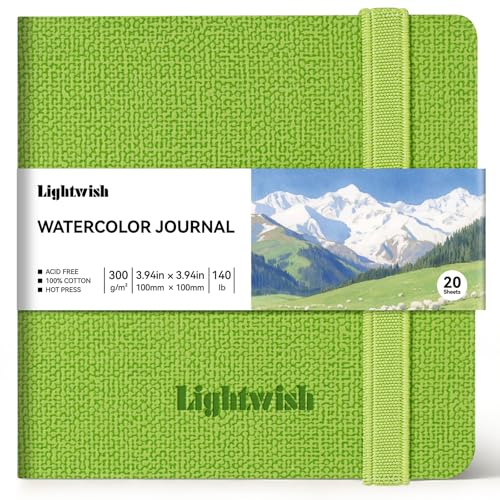 Lightwish Akvarell skissbok, 100 % syrafri bomull, (10 x 10 cm), 300 g/m², akvarellpapper varmtryck för konstnärer, studenter – blandad mediedagbok, 20 ark