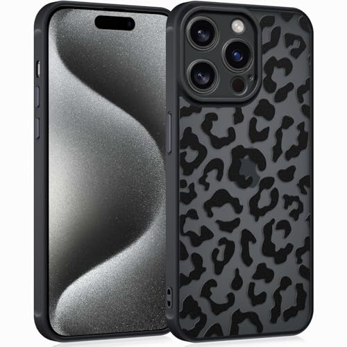 Coqinen Handyhülle für iPhone 15 Pro Hülle, Matt Transluzente Case mit Stilvolle Leopard Muster, Silikon Aesthetic Schutzhülle mit Kratzfeste PC Rückseite + Stoßfest TPU Bumper - Schwarz