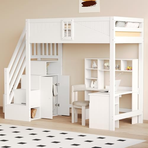 NNJN Letto a soppalco in legno massiccio, porta di sicurezza unica con finestra, ripiano laterale di sicurezza intercambiabile a sinistra e a destra, letto multifunzione, bianco, 90 x 200 cm