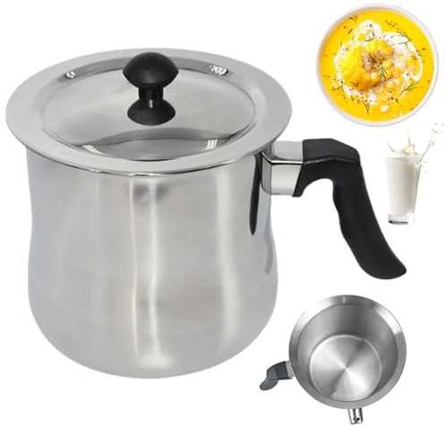 1.5 Liter Milchtopf Induktion mit Deckel, Doppelwandiger Milchtopfs mit Ausgießer & Rutschfester Kunststoffgriff, Simmertopf Kochtopf aus Edelstahl für Gas, Elektro, alle Herdarten Geeignet