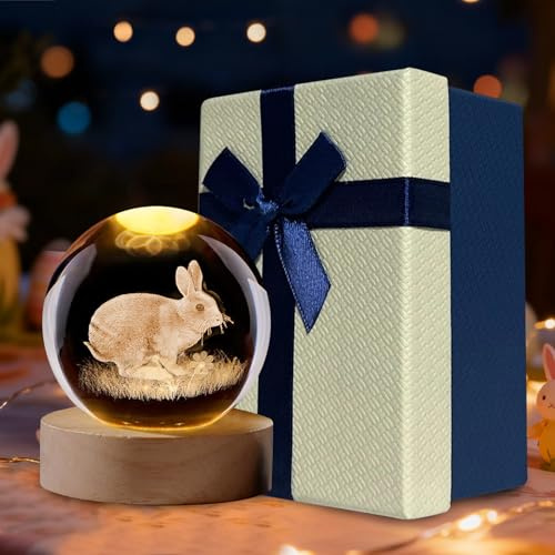 Osterdeko 3D Kristallkugel Nachtlicht, 60mm Schneekugel Oster Deko Hase mit Holzsockel, USB Lasergeätzte Kugel Lampe, Osterhase Glaskugel für Frühlingdeko Zuhause Geschenk(Hase x 6 cm)