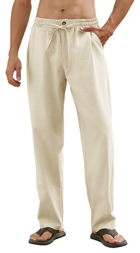 CMTOP Pantalon Homme Lin Ete Pantalon Decontracte Leger Pantalons Taille Elastique Pantalon de Yoga Plage Respirant Confortable Pantalon Jambes Droites avec Cordon de Serrage et Poches