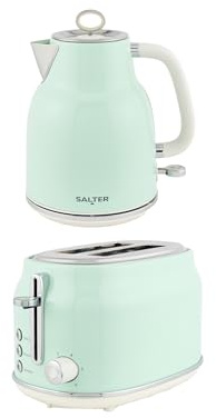 Salter Retro Kettle & 2-Slice Toaster Set - Wide Slots, 3KW Rapid Boil, 6 Browning Levels, 360° Base, Removable Limescale Filter, Defrost, Reheat & Cancel, High-Lift Eject, Removable Crumb Tray, Green | 3kW Rapid Boil, 6 Browning Levels, Wide Slots, Defrost/Reheat/Cancel, 360° Base, Removable Crumb Tray, Limescale Filter