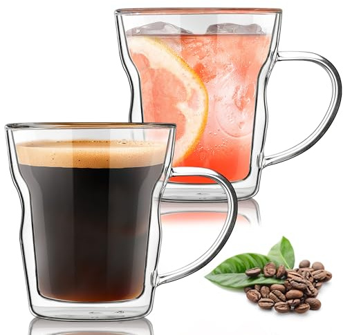 Joeyan 360ml Vasos Doble Pared Cristal con Asa, Juego de 2, Vasos para Latte Macchiato con Mango, Taza de Café con Leche de Vidrio de Borosilicato, Coffee Mug Térmicos para Té,Cappuccino,Cerveza,Sidra