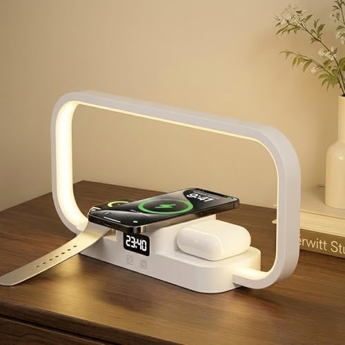Liwankaqi LED Bedside Lamp with Wireless Charger,3 in 1 Touch Control Bedroom Table Lamp with Clock Nightstand Lamp for Bedroom, 5 Color Modes & Dimmable Desk Lamp for Nightstand