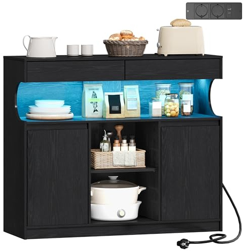Hzuaneri Sideboard, Küchenschrank mit Steckdosenleiste und LED-Licht | Buffetschrank, 2 Schubladen und 2 Türen, Verstellbaren Regalen, Esszimmer, Küche, 35 × 100 × 85cm, Schwarz SC64904XEU