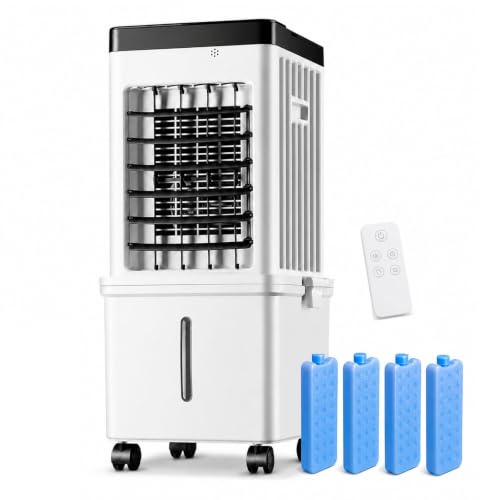 Rafraîchisseur d'Air par Évaporation, Climatiseur Mobile sans Évacuation avec Réservoir 15L, 3 Vitesses, Télécommande, Minuterie 7,5 h, 4 Pains de Glace, pour Pièce et Bureau
