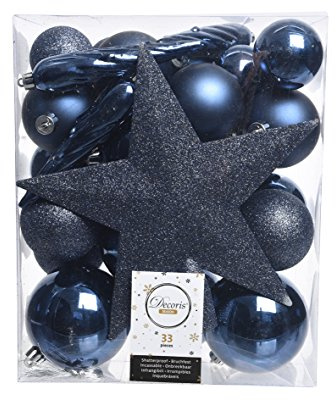 Christmas Decoration Weihnachtskugeln mit Christbaumspitze Stern Kunststoff 33er Set bruchsicher dunkelblau Nachtblau