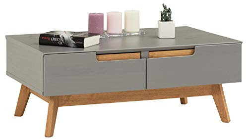 IDIMEX Couchtisch Tibor, Beistelltisch Wohnzimmertisch Sofatisch Stubentisch, Kiefer massiv, 2 Schubladen, 2 Nischen, in grau